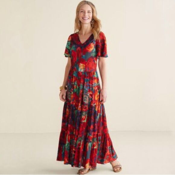 Soft Surroundings Printemps Abstract Flora Maxi Dress in Red Size Small - Picture 1 of 8